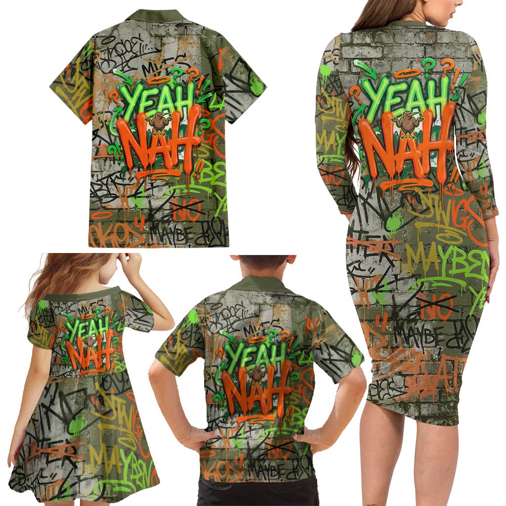 Yeah Nah Graffiti Skull New Zealand Slang Family Matching Long Sleeve Bodycon Dress and Hawaiian Shirt Kiwi Grunge Brick Wall and Bold Urban Street Art