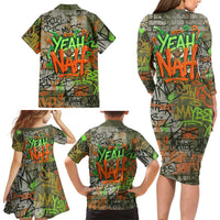 Yeah Nah Graffiti Skull New Zealand Slang Family Matching Long Sleeve Bodycon Dress and Hawaiian Shirt Kiwi Grunge Brick Wall and Bold Urban Street Art