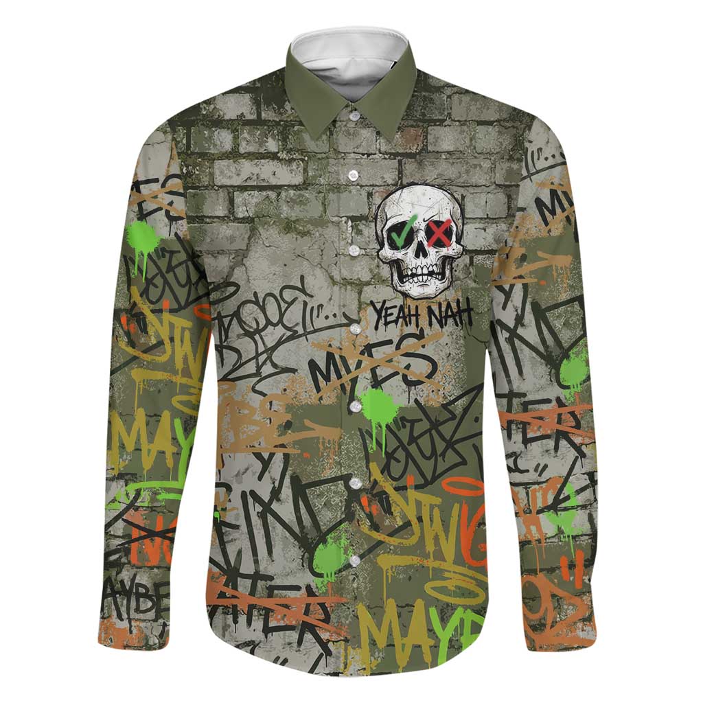 Yeah Nah Graffiti Skull New Zealand Slang Family Matching Long Sleeve Bodycon Dress and Hawaiian Shirt Kiwi Grunge Brick Wall and Bold Urban Street Art
