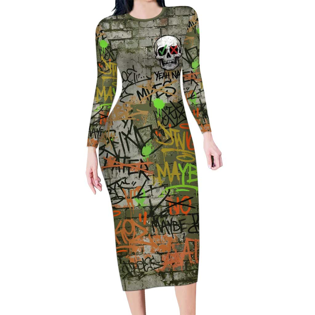 Yeah Nah Graffiti Skull New Zealand Slang Family Matching Long Sleeve Bodycon Dress and Hawaiian Shirt Kiwi Grunge Brick Wall and Bold Urban Street Art