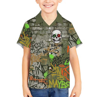 Yeah Nah Graffiti Skull New Zealand Slang Family Matching Long Sleeve Bodycon Dress and Hawaiian Shirt Kiwi Grunge Brick Wall and Bold Urban Street Art