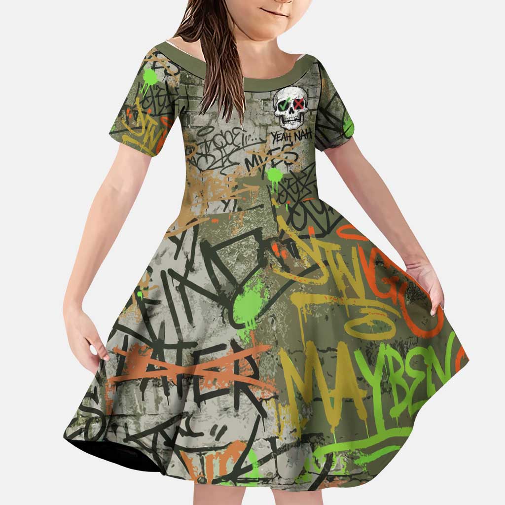 Yeah Nah Graffiti Skull New Zealand Slang Family Matching Off The Shoulder Long Sleeve Dress and Hawaiian Shirt Kiwi Grunge Brick Wall and Bold Urban Street Art
