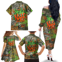 Yeah Nah Graffiti Skull New Zealand Slang Family Matching Off The Shoulder Long Sleeve Dress and Hawaiian Shirt Kiwi Grunge Brick Wall and Bold Urban Street Art