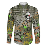 Yeah Nah Graffiti Skull New Zealand Slang Family Matching Off The Shoulder Long Sleeve Dress and Hawaiian Shirt Kiwi Grunge Brick Wall and Bold Urban Street Art