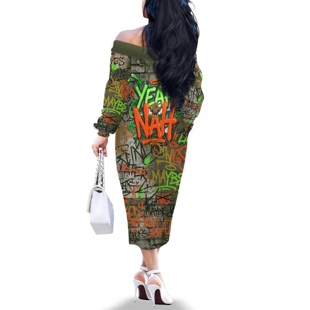 Yeah Nah Graffiti Skull New Zealand Slang Family Matching Off The Shoulder Long Sleeve Dress and Hawaiian Shirt Kiwi Grunge Brick Wall and Bold Urban Street Art