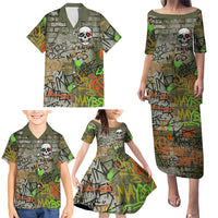 Yeah Nah Graffiti Skull New Zealand Slang Family Matching Puletasi and Hawaiian Shirt Kiwi Grunge Brick Wall and Bold Urban Street Art