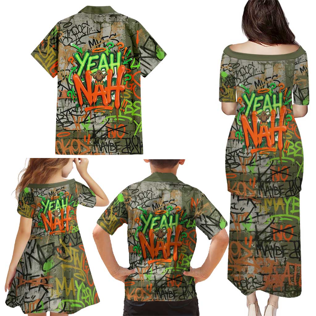 Yeah Nah Graffiti Skull New Zealand Slang Family Matching Puletasi and Hawaiian Shirt Kiwi Grunge Brick Wall and Bold Urban Street Art