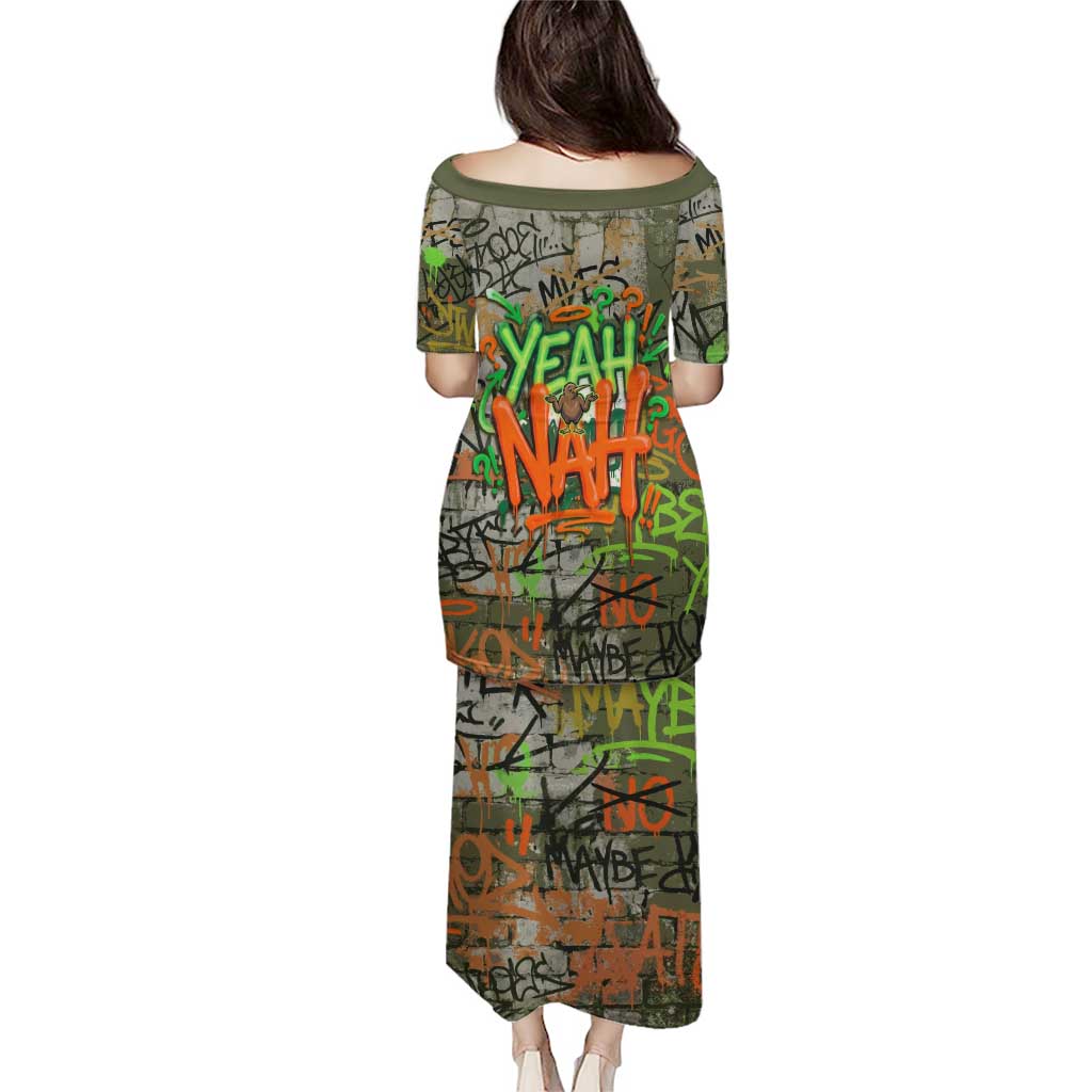 Yeah Nah Graffiti Skull New Zealand Slang Family Matching Puletasi and Hawaiian Shirt Kiwi Grunge Brick Wall and Bold Urban Street Art