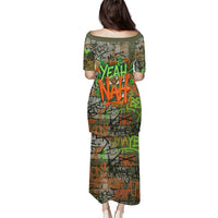 Yeah Nah Graffiti Skull New Zealand Slang Family Matching Puletasi and Hawaiian Shirt Kiwi Grunge Brick Wall and Bold Urban Street Art