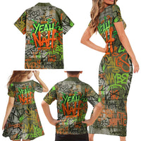 Yeah Nah Graffiti Skull New Zealand Slang Family Matching Short Sleeve Bodycon Dress and Hawaiian Shirt Kiwi Grunge Brick Wall and Bold Urban Street Art