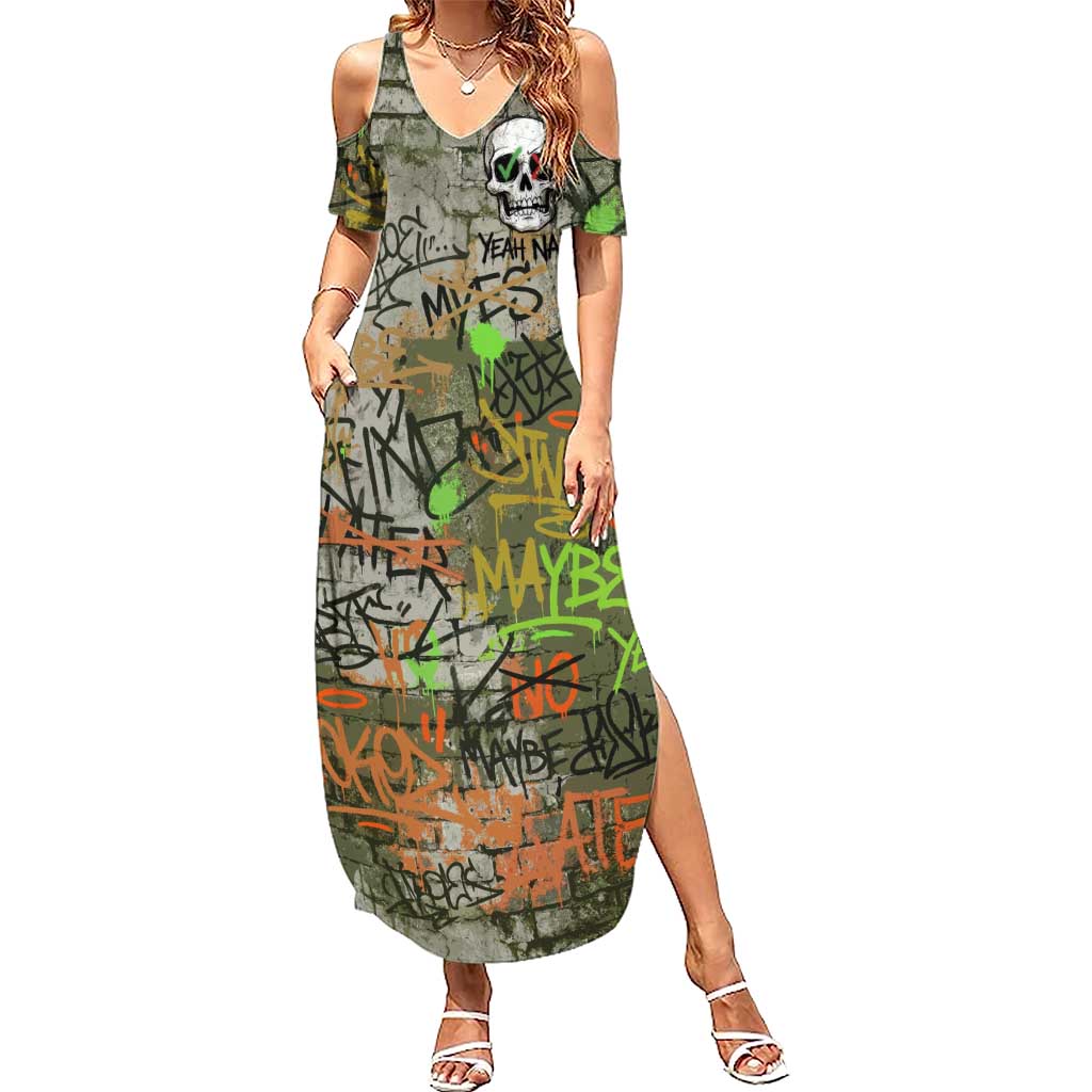 Yeah Nah Graffiti Skull New Zealand Slang Family Matching Summer Maxi Dress and Hawaiian Shirt Kiwi Grunge Brick Wall and Bold Urban Street Art