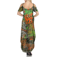 Yeah Nah Graffiti Skull New Zealand Slang Family Matching Summer Maxi Dress and Hawaiian Shirt Kiwi Grunge Brick Wall and Bold Urban Street Art
