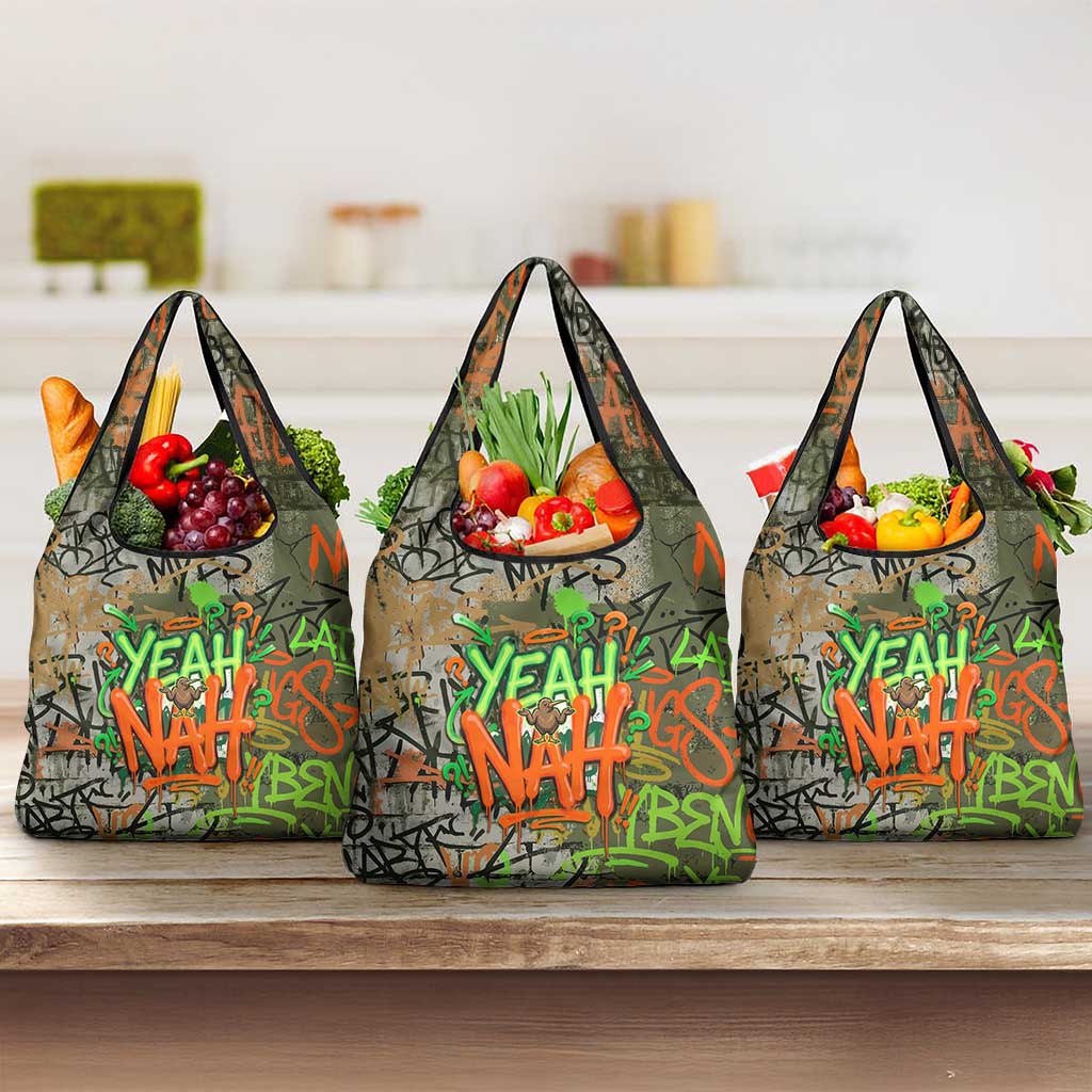 Yeah Nah Graffiti Skull New Zealand Slang Grocery Bag Kiwi Grunge Brick Wall and Bold Urban Street Art