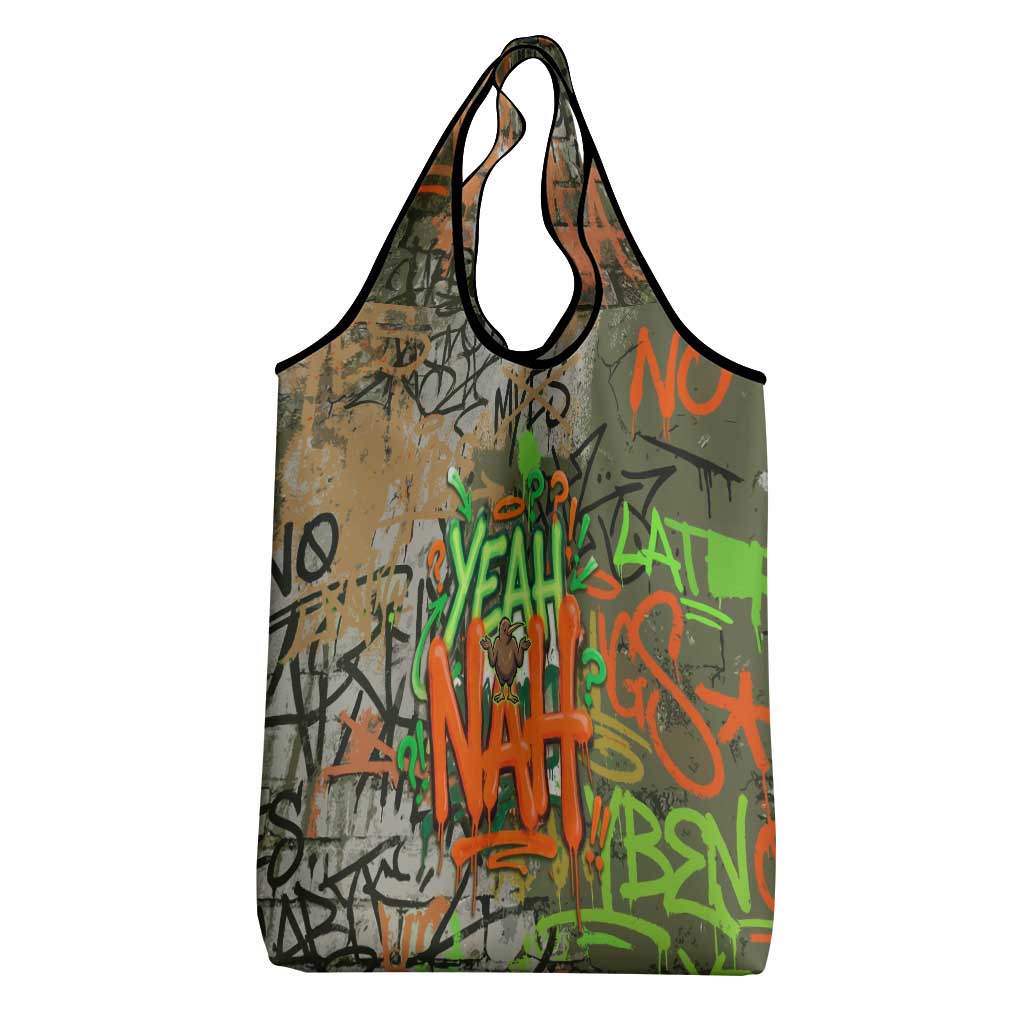 Yeah Nah Graffiti Skull New Zealand Slang Grocery Bag Kiwi Grunge Brick Wall and Bold Urban Street Art
