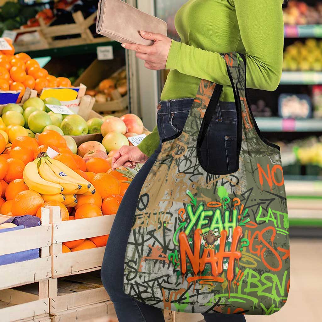 Yeah Nah Graffiti Skull New Zealand Slang Grocery Bag Kiwi Grunge Brick Wall and Bold Urban Street Art