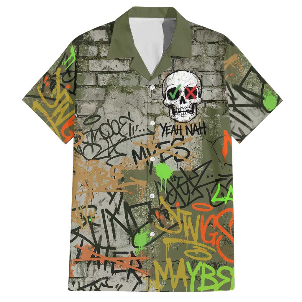 Yeah Nah Graffiti Skull New Zealand Slang Hawaiian Shirt Kiwi Grunge Brick Wall and Bold Urban Street Art