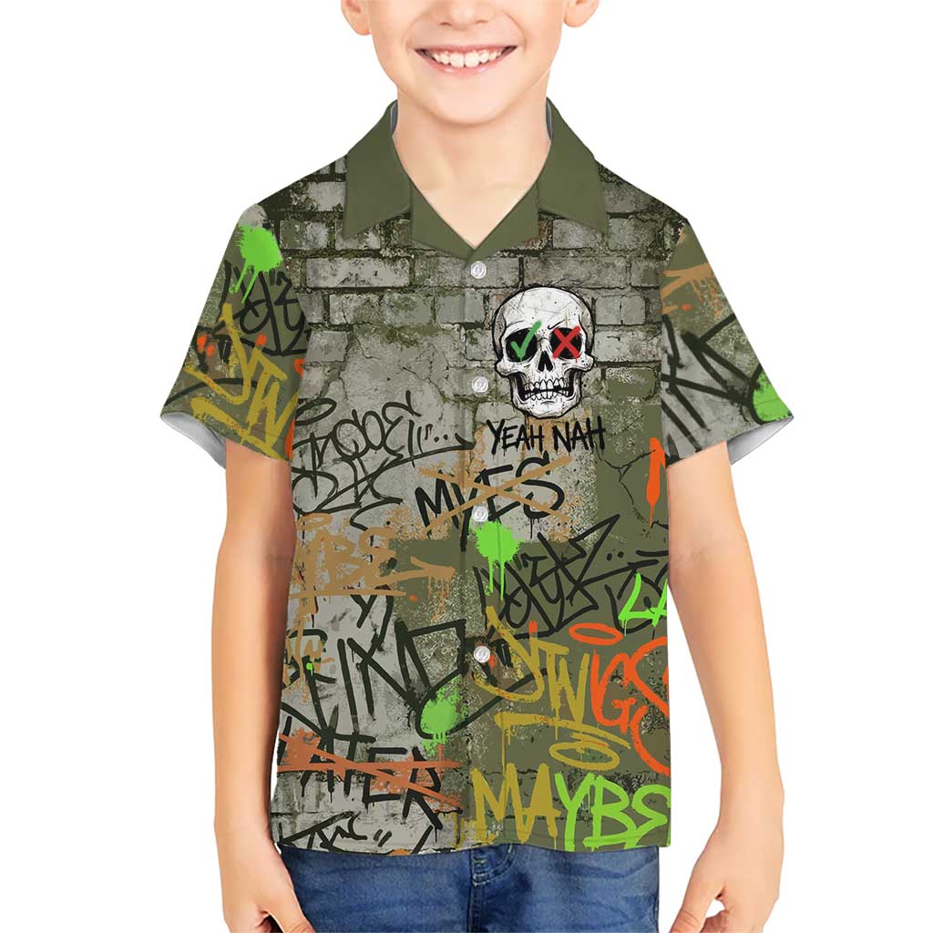 Yeah Nah Graffiti Skull New Zealand Slang Hawaiian Shirt Kiwi Grunge Brick Wall and Bold Urban Street Art