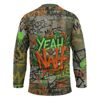 Yeah Nah Graffiti Skull New Zealand Slang Hockey Jersey Kiwi Grunge Brick Wall and Bold Urban Street Art