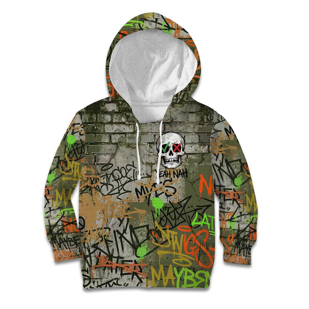 Yeah Nah Graffiti Skull New Zealand Slang Kid Hoodie Kiwi Grunge Brick Wall and Bold Urban Street Art