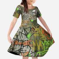 Yeah Nah Graffiti Skull New Zealand Slang Kid Short Sleeve Dress Kiwi Grunge Brick Wall and Bold Urban Street Art