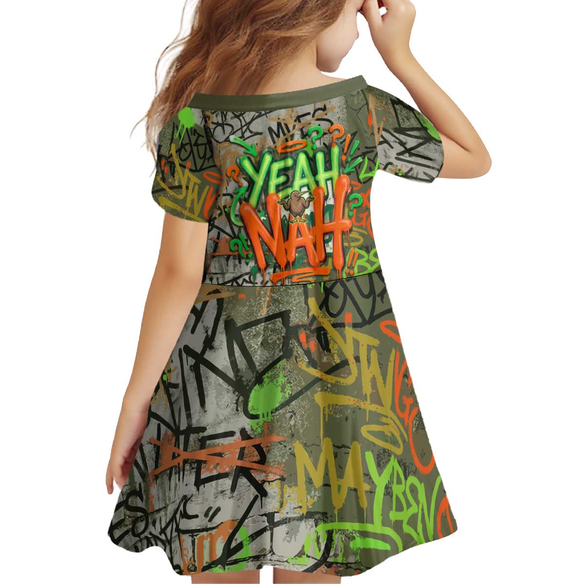 Yeah Nah Graffiti Skull New Zealand Slang Kid Short Sleeve Dress Kiwi Grunge Brick Wall and Bold Urban Street Art