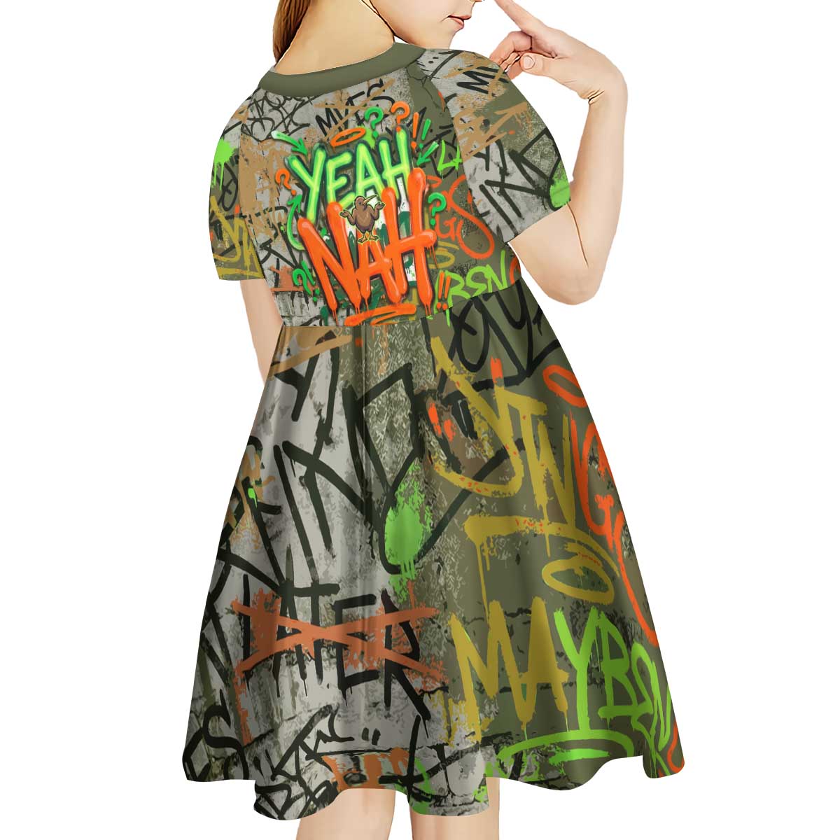 Yeah Nah Graffiti Skull New Zealand Slang Kid Short Sleeve Dress Kiwi Grunge Brick Wall and Bold Urban Street Art