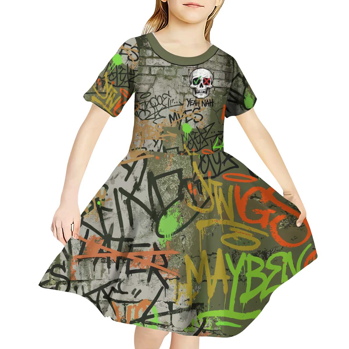 Yeah Nah Graffiti Skull New Zealand Slang Kid Short Sleeve Dress Kiwi Grunge Brick Wall and Bold Urban Street Art