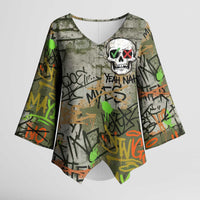 Yeah Nah Graffiti Skull New Zealand Slang Kimono Sleeve Blouse Kiwi Grunge Brick Wall and Bold Urban Street Art