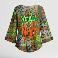 Yeah Nah Graffiti Skull New Zealand Slang Kimono Sleeve Blouse Kiwi Grunge Brick Wall and Bold Urban Street Art