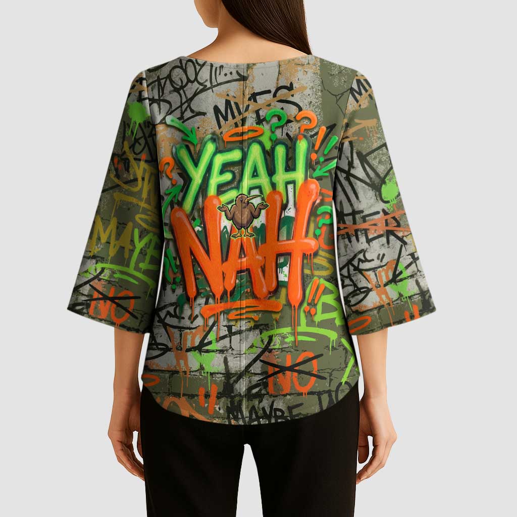 Yeah Nah Graffiti Skull New Zealand Slang Kimono Sleeve Blouse Kiwi Grunge Brick Wall and Bold Urban Street Art