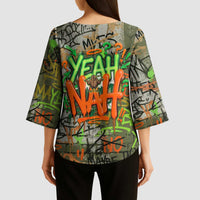 Yeah Nah Graffiti Skull New Zealand Slang Kimono Sleeve Blouse Kiwi Grunge Brick Wall and Bold Urban Street Art