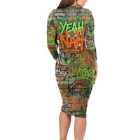Yeah Nah Graffiti Skull New Zealand Slang Long Sleeve Bodycon Dress Kiwi Grunge Brick Wall and Bold Urban Street Art