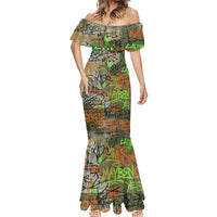 Yeah Nah Graffiti Skull New Zealand Slang Mermaid Dress Kiwi Grunge Brick Wall and Bold Urban Street Art