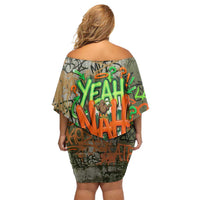 Yeah Nah Graffiti Skull New Zealand Slang Off Shoulder Short Dress Kiwi Grunge Brick Wall and Bold Urban Street Art