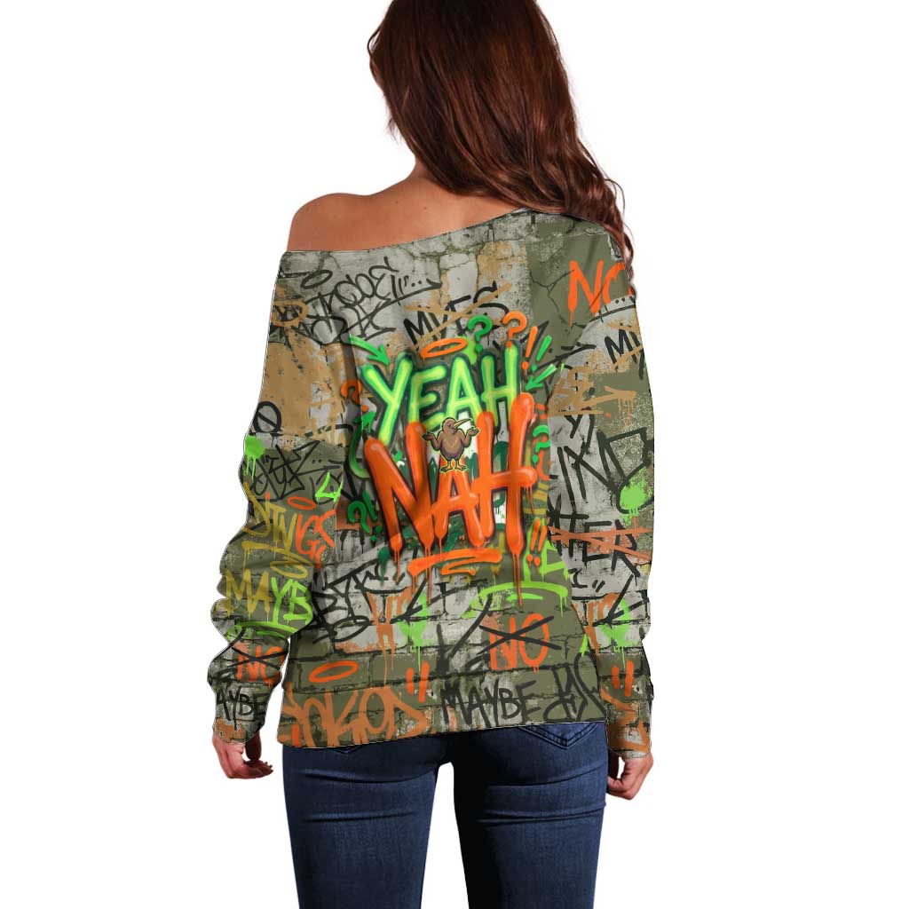 Yeah Nah Graffiti Skull New Zealand Slang Off Shoulder Sweater Kiwi Grunge Brick Wall and Bold Urban Street Art