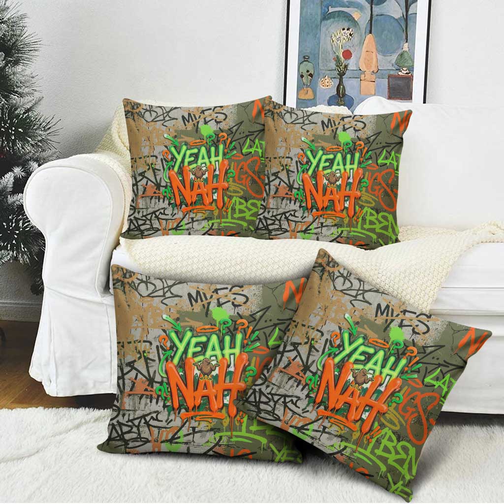 Yeah Nah Graffiti Skull New Zealand Slang Pillow Cover Kiwi Grunge Brick Wall and Bold Urban Street Art