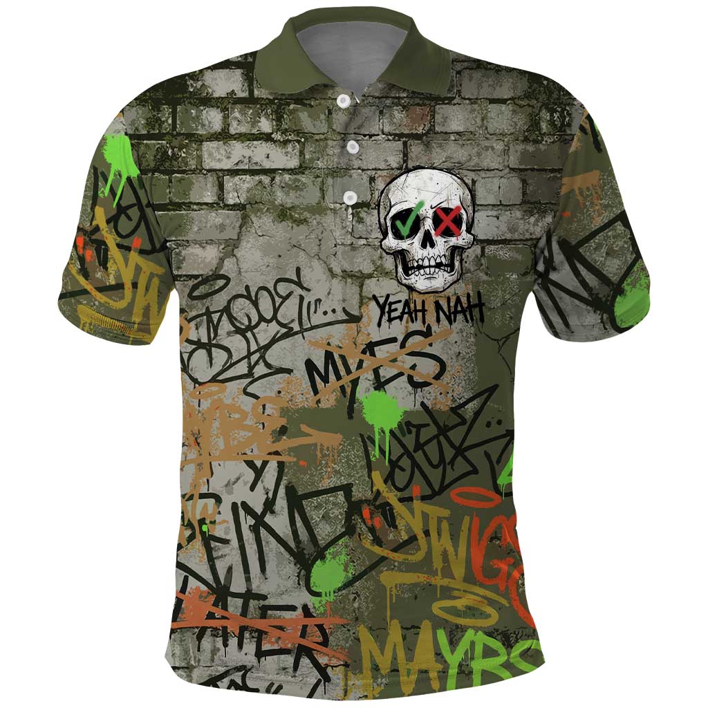 Yeah Nah Graffiti Skull New Zealand Slang Polo Shirt Kiwi Grunge Brick Wall and Bold Urban Street Art TS04 Multicolor - Polynesian Pride