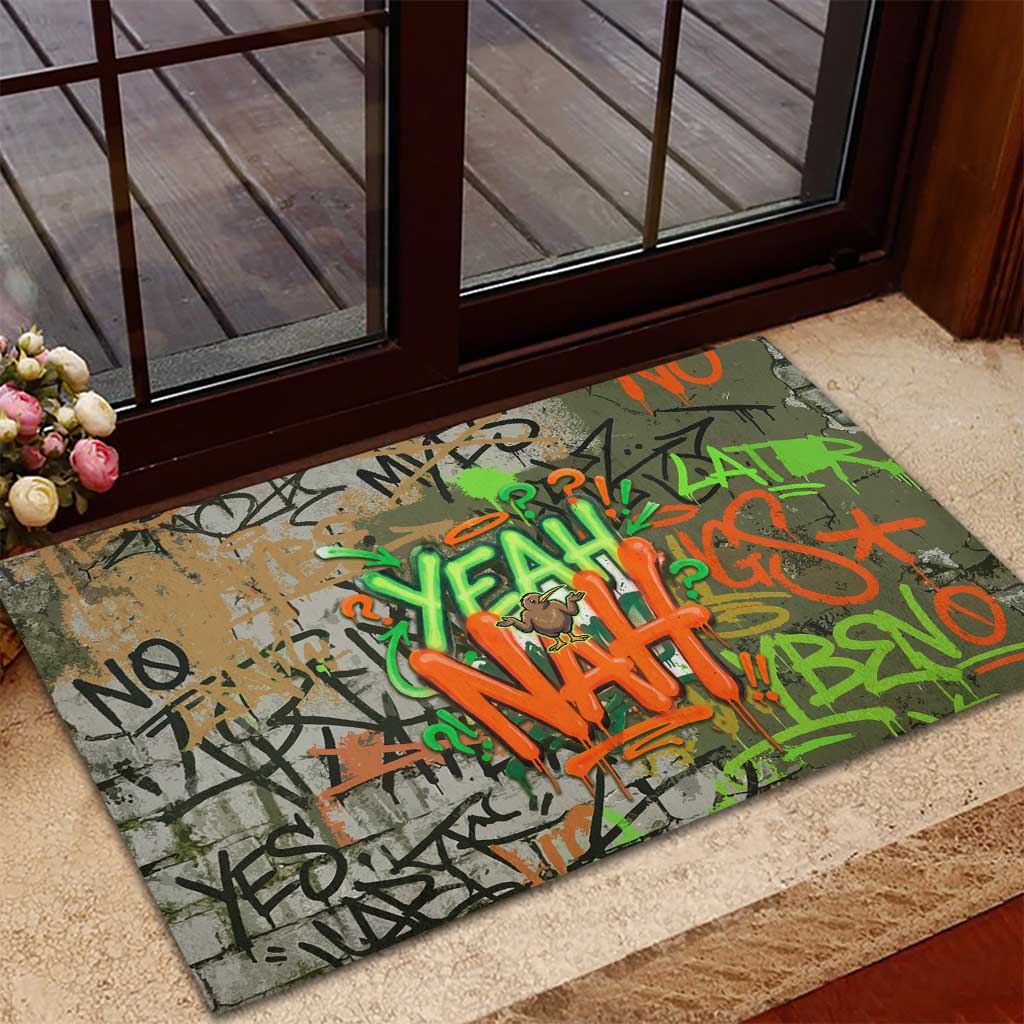Yeah Nah Graffiti Skull New Zealand Slang Rubber Doormat Kiwi Grunge Brick Wall and Bold Urban Street Art