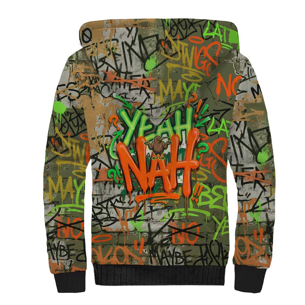 Yeah Nah Graffiti Skull New Zealand Slang Sherpa Hoodie Kiwi Grunge Brick Wall and Bold Urban Street Art