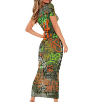 Yeah Nah Graffiti Skull New Zealand Slang Short Sleeve Bodycon Dress Kiwi Grunge Brick Wall and Bold Urban Street Art
