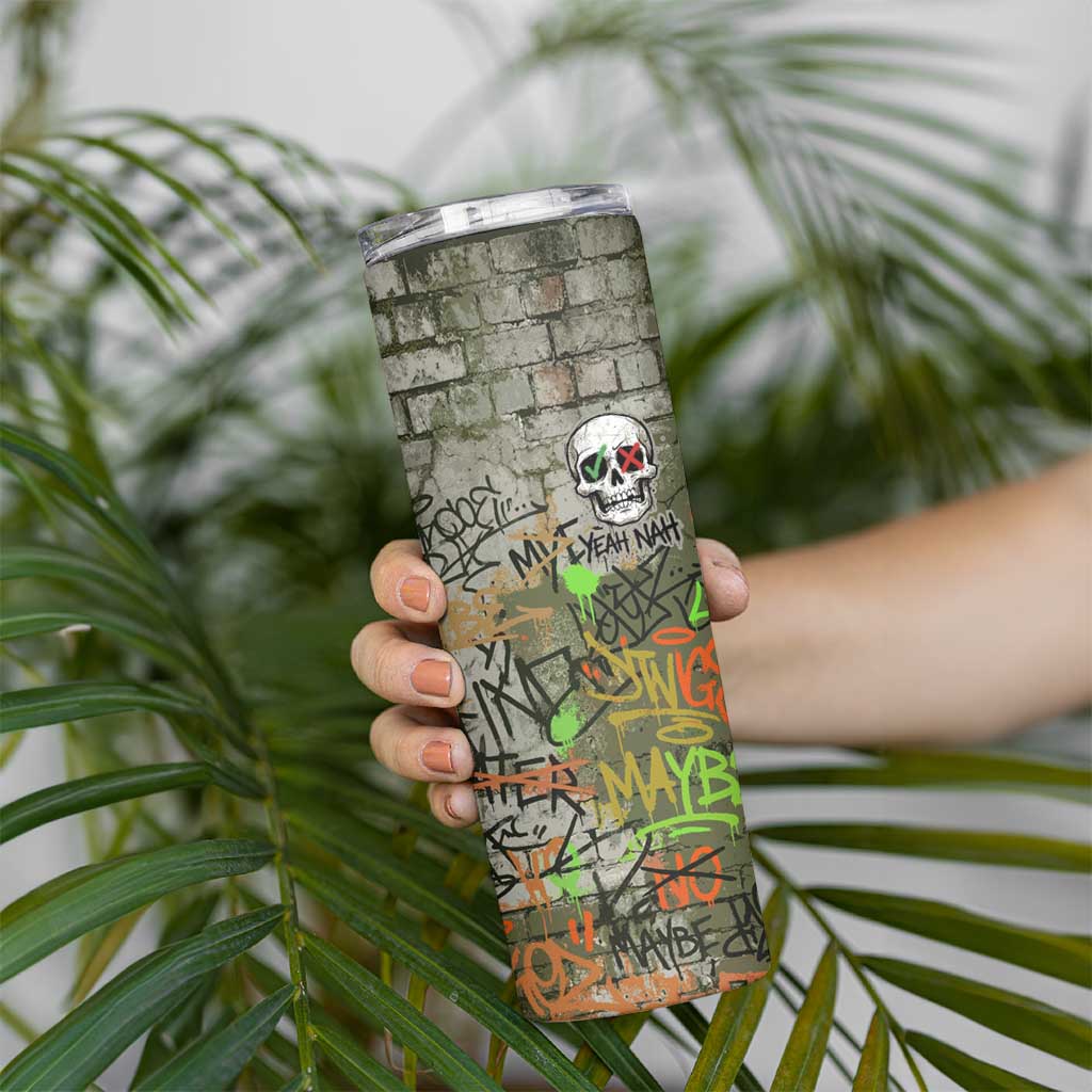 Yeah Nah Graffiti Skull New Zealand Slang Skinny Tumbler Kiwi Grunge Brick Wall and Bold Urban Street Art