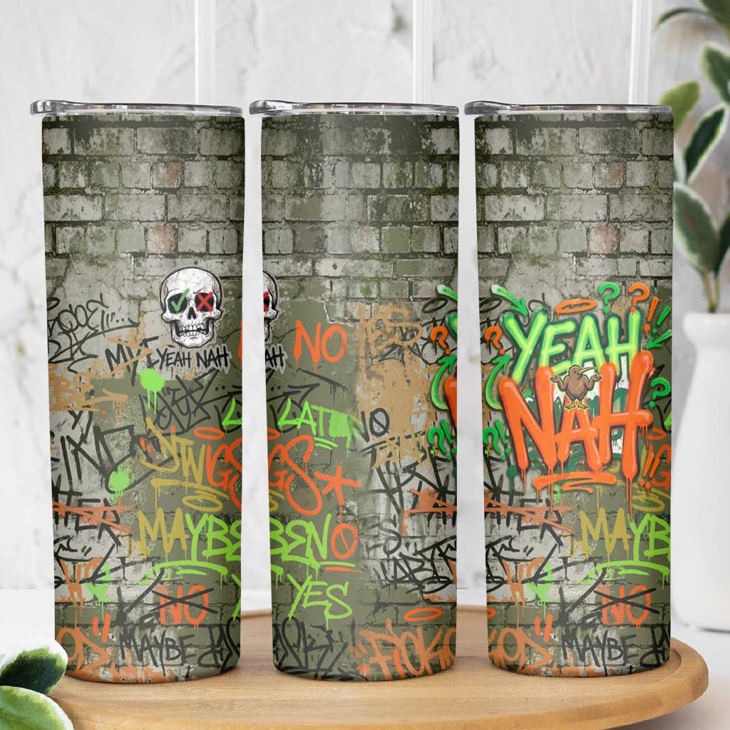 Yeah Nah Graffiti Skull New Zealand Slang Skinny Tumbler Kiwi Grunge Brick Wall and Bold Urban Street Art
