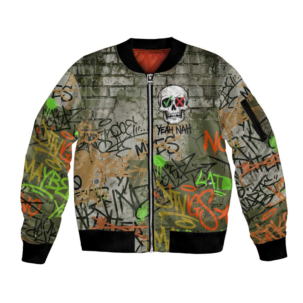 Yeah Nah Graffiti Skull New Zealand Slang Sleeve Zip Bomber Jacket Kiwi Grunge Brick Wall and Bold Urban Street Art TS04 Unisex Multicolor - Polynesian Pride