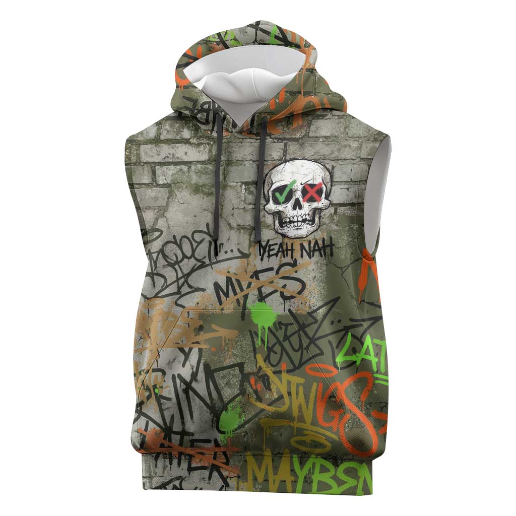Yeah Nah Graffiti Skull New Zealand Slang Sleeveless Hoodie Kiwi Grunge Brick Wall and Bold Urban Street Art