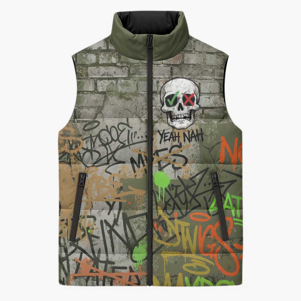 Yeah Nah Graffiti Skull New Zealand Slang Sleeveless Puffer Jacket Kiwi Grunge Brick Wall and Bold Urban Street Art TS04 Unisex Multicolor - Polynesian Pride