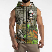 Yeah Nah Graffiti Skull New Zealand Slang Sleeveless Zip Hoodie Kiwi Grunge Brick Wall and Bold Urban Street Art