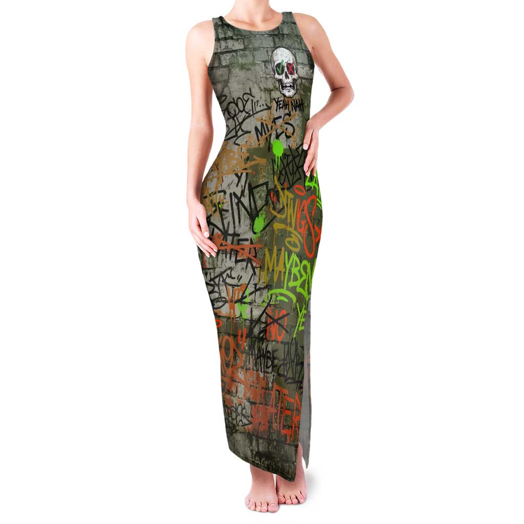 Yeah Nah Graffiti Skull New Zealand Slang Tank Maxi Dress Kiwi Grunge Brick Wall and Bold Urban Street Art