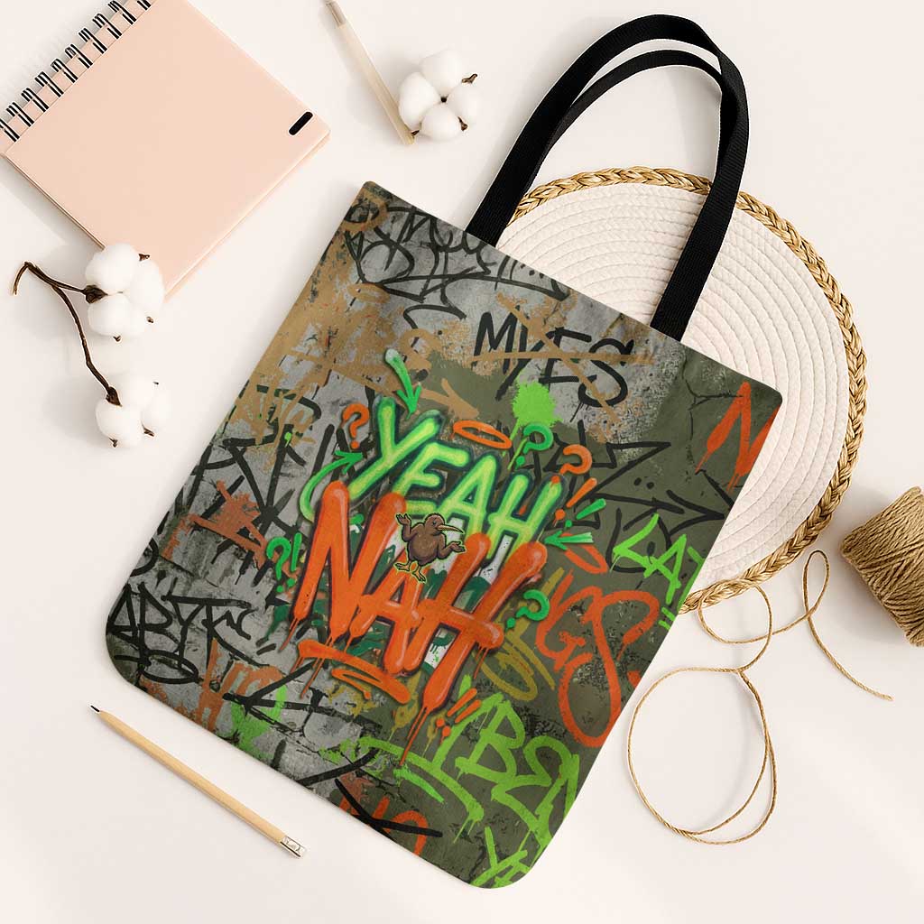 Yeah Nah Graffiti Skull New Zealand Slang Tote Bag Kiwi Grunge Brick Wall and Bold Urban Street Art