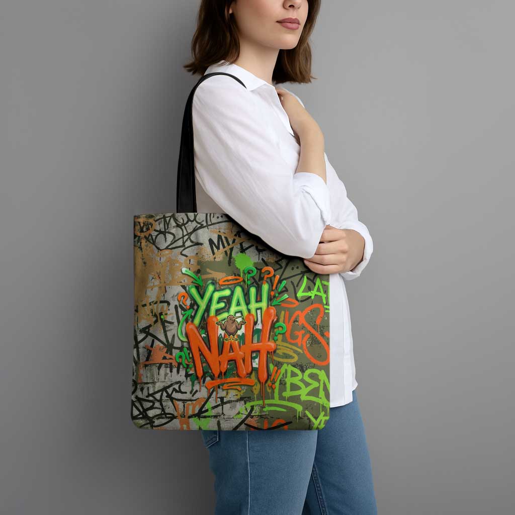Yeah Nah Graffiti Skull New Zealand Slang Tote Bag Kiwi Grunge Brick Wall and Bold Urban Street Art