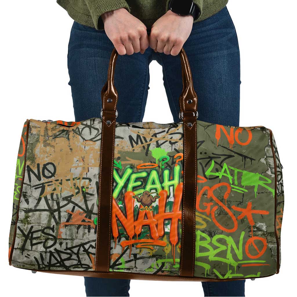 Yeah Nah Graffiti Skull New Zealand Slang Travel Bag Kiwi Grunge Brick Wall and Bold Urban Street Art